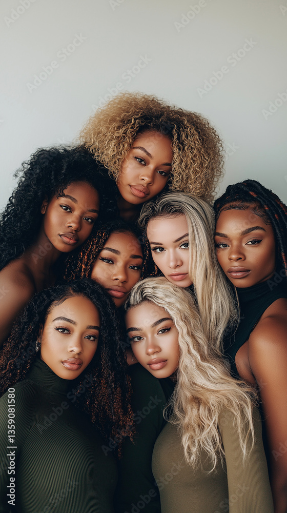 Obraz premium A group picture of women, different skin colors with curly hair stand together in a group photo.