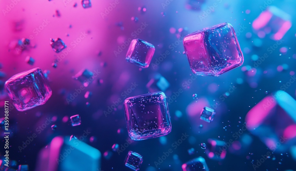 Naklejka premium Abstract Geometric Cubes in Vibrant Neon Colors. Floating Ice Cubes in a Colorful Background