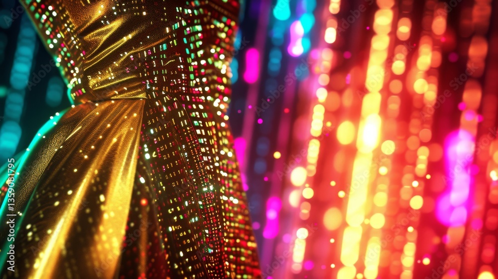 A sparkling gold dress is set against a backdrop of colorful bokeh lights, creating a festive and magical atmosphere. The close-up view highlights the intricate details and shimmering effect of the