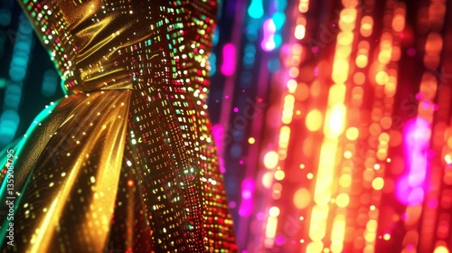 Obraz na płótnie A sparkling gold dress is set against a backdrop of colorful bokeh lights, creating a festive and magical atmosphere. The close-up view highlights the intricate details and shimmering effect of the w salonie
