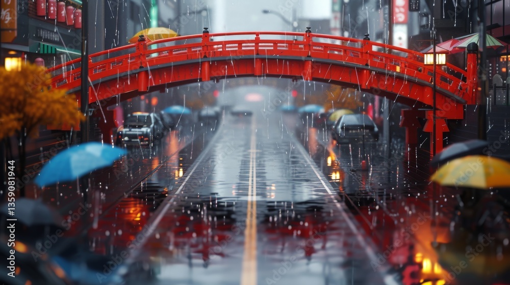 A rainy city street scene featuring a striking red bridge and colorful umbrellas. The wet pavement reflects the vibrant hues of the bridge and umbrellas, creating a moody yet captivating urban