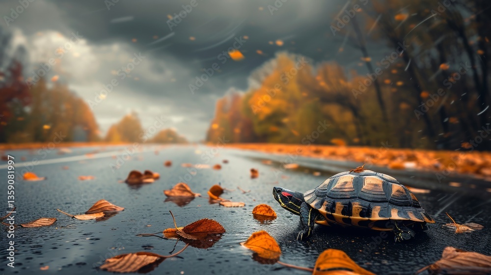 A turtle cautiously crosses a wet road covered with autumn leaves under a dramatic sky. The dark clouds and swirling wind add tension to the scene, highlighting the turtle's slow and determined