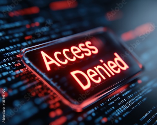 Close-up view of computer monitor showing red access denied alert against background of binary code