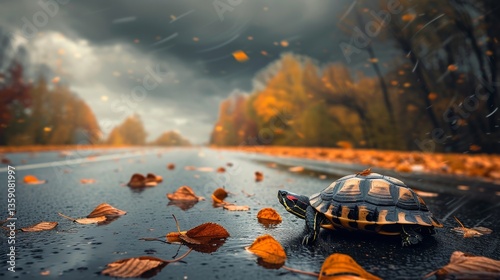 Obraz na płótnie A turtle cautiously crosses a wet road covered with autumn leaves under a dramatic sky. The dark clouds and swirling wind add tension to the scene, highlighting the turtle's slow and determined w salonie