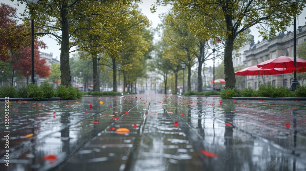 A serene park scene features wet pathways reflecting red umbrellas and scattered autumn leaves. The overcast sky and calm atmosphere evoke a peaceful, reflective mood, perfect for contemplative walks.