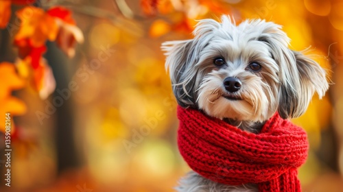 A cute small dog wearing a bright red scarf, sitting among vibrant autumn leaves. The warm hues of the forest create a cozy and inviting atmosphere, perfect for fall-themed content.