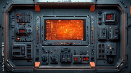 The futuristic spaceship control panel with multiple displays and controls