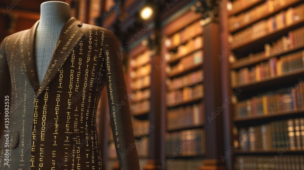 A mannequin dressed in a digital suit featuring glowing patterns, set in the interior of a classic library. The juxtaposition of old and new creates a striking visual contrast.