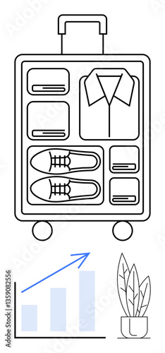Packed suitcase with shoes, clothing, folded items, bar chart showing growth, and a potted plant. Ideal for travel tips, growth, organization, business eco-living productivity modern design