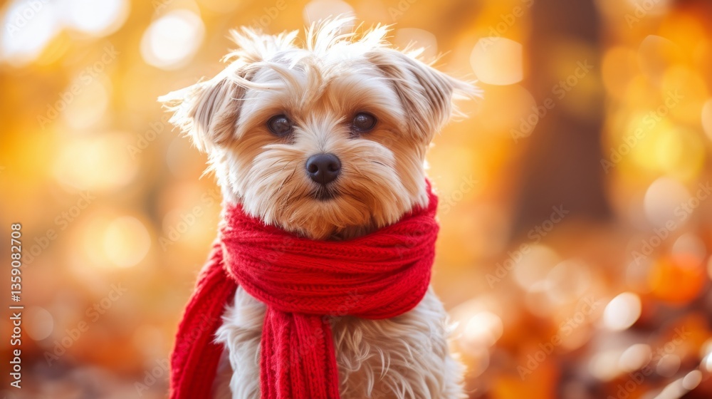 A sweet small dog wrapped in a red scarf, posing in a forest filled with autumn leaves. The golden and orange hues highlight the beauty of the fall season, making it ideal for cozy, seasonal imagery.