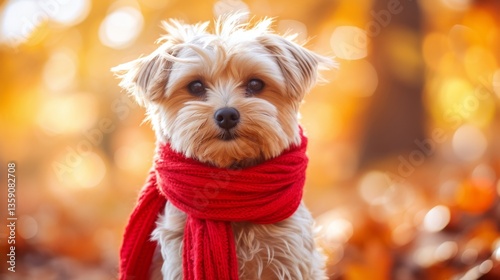 Obraz na płótnie A sweet small dog wrapped in a red scarf, posing in a forest filled with autumn leaves. The golden and orange hues highlight the beauty of the fall season, making it ideal for cozy, seasonal imagery. w salonie