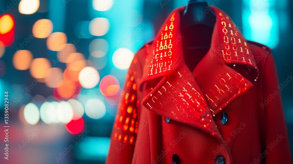 A detailed view of a red coat adorned with LED lights forming a binary code pattern. The coat is displayed against a blurred urban backdrop, blending technology and fashion in a visually compelling