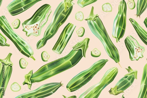 Green Okra Vegetable Illustration Pattern for Minimalist Wallpaper Background Design