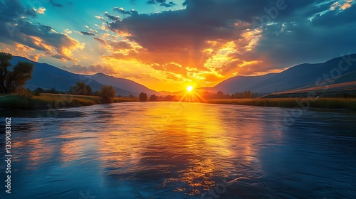 Morning light over calm river and mountains photo