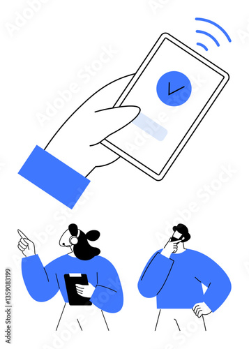 Hand presenting phone with checkmark while two professionals consult and gesture. Ideal for authentication, teamwork, communication, digital approval, discussion, business solutions, flat simple