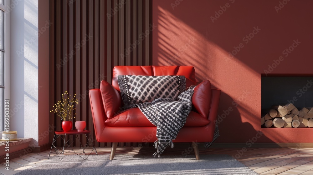 A stylish living room featuring a vibrant red armchair accented with a patterned throw blanket. The room is designed with modern elements, including a small side table with decorative items, and