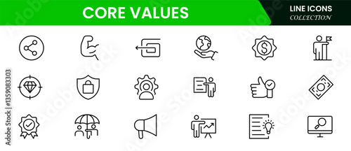 Core Values Line Icons Stock Illustration" refers to a colle Stock Illustration" refers to a collection of minimalist, line-drawn icons representing essential organizational or personal principles.