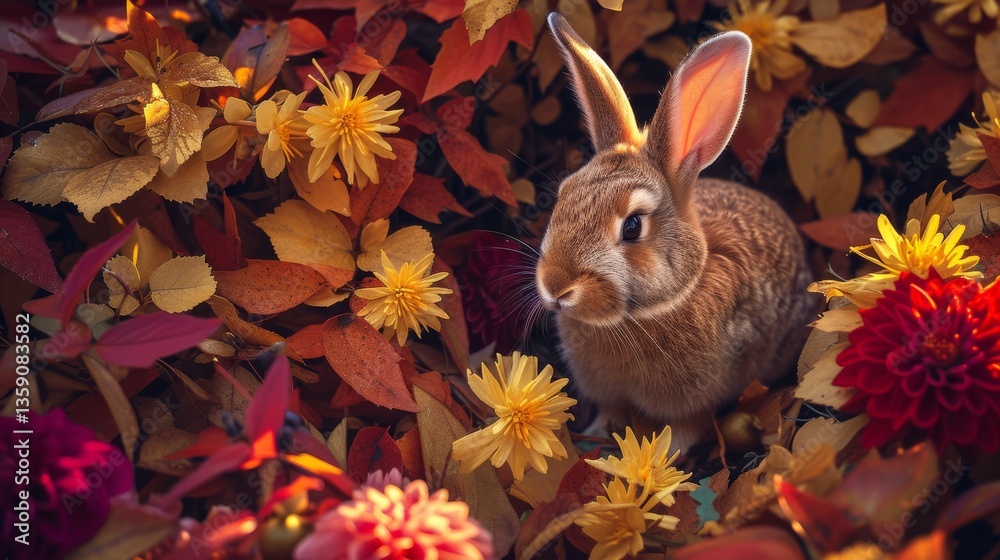 A bunny sits amid autumn leaves, surrounded by yellow and red flowers. The warm lighting and rich colors create a cozy and inviting autumnal ambiance.
