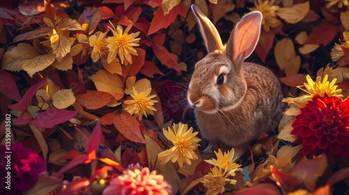 A bunny sits amid autumn leaves, surrounded by yellow and red flowers. The warm lighting and rich colors create a cozy and inviting autumnal ambiance.