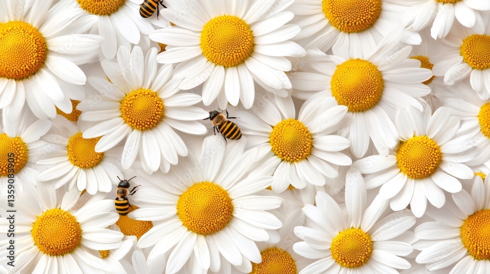 Fototapeta premium Close up shot of many daisies with bees pollinating Beautiful floral background image