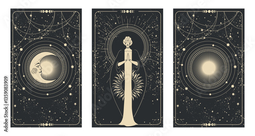 Set of magic tarot cards with sun, moon and fairy lady. Mystical bohemian cards, spiritual astrological templates, witch vector illustration collection.