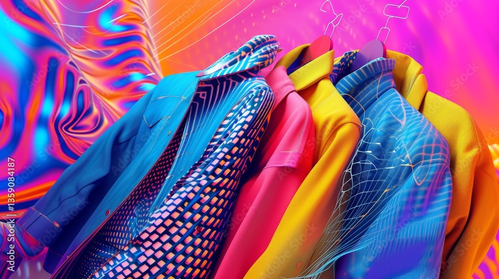 A collection of colorful jackets, including a blue, pink, and yellow, hanging against a vivid, abstract digital background. The image features a futuristic and modern aesthetic, with geometric