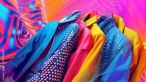 Obraz na płótnie A collection of colorful jackets, including a blue, pink, and yellow, hanging against a vivid, abstract digital background. The image features a futuristic and modern aesthetic, with geometric w salonie
