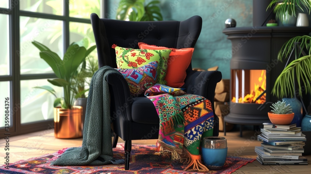 A cozy armchair is adorned with colorful pillows and a warm blanket, positioned next to a glowing fireplace. The setting is completed with plants and decorative items, creating a perfect spot for