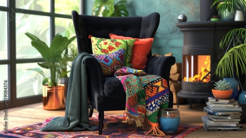 A cozy armchair is adorned with colorful pillows and a warm blanket, positioned next to a glowing fireplace. The setting is completed with plants and decorative items, creating a perfect spot for