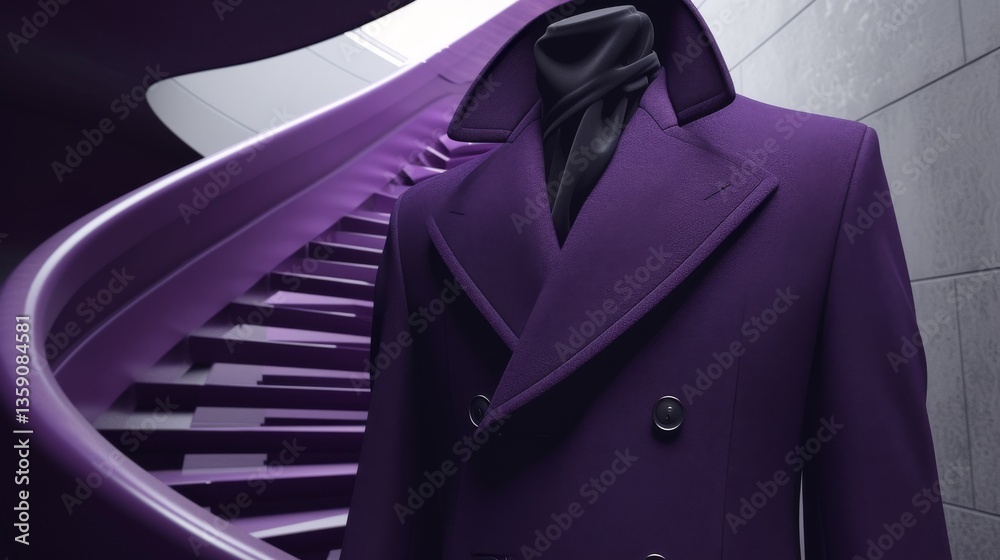 Elegant purple coat displayed on a mannequin with a high-collar design, set against a backdrop of a modern, spiraling staircase. The monochromatic color scheme and sleek architecture create a