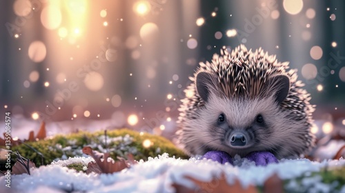 Obraz na płótnie A cute hedgehog relaxes on a snow-covered surface, surrounded by glowing bokeh lights. The scene captures the charm and tranquility of winter, making it perfect for seasonal themes and nature lovers. w salonie