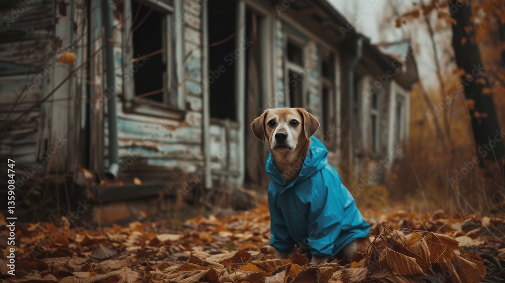A small dog wearing a blue coat, sitting among autumn leaves in front of a weathered, abandoned house. The scene combines the beauty of autumn with a sense of nostalgia and quiet solitude.
