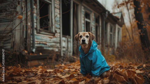 Obraz na płótnie A small dog wearing a blue coat, sitting among autumn leaves in front of a weathered, abandoned house. The scene combines the beauty of autumn with a sense of nostalgia and quiet solitude. w salonie