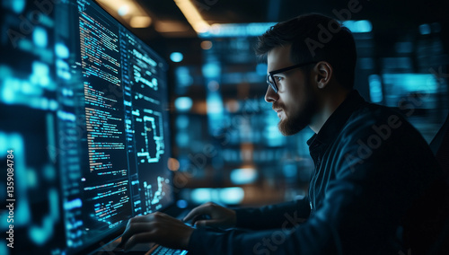 NIS2 EU Cybersecurity Directive Concept, Focused Male Software Developer Working Late on Computer Coding Project