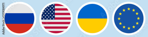 Flags of different countries. Set of stickers on a white background. Collection of vector icons. Isolated background. Russia, USA, Ukraine, European Union. National symbol of the state. Political.