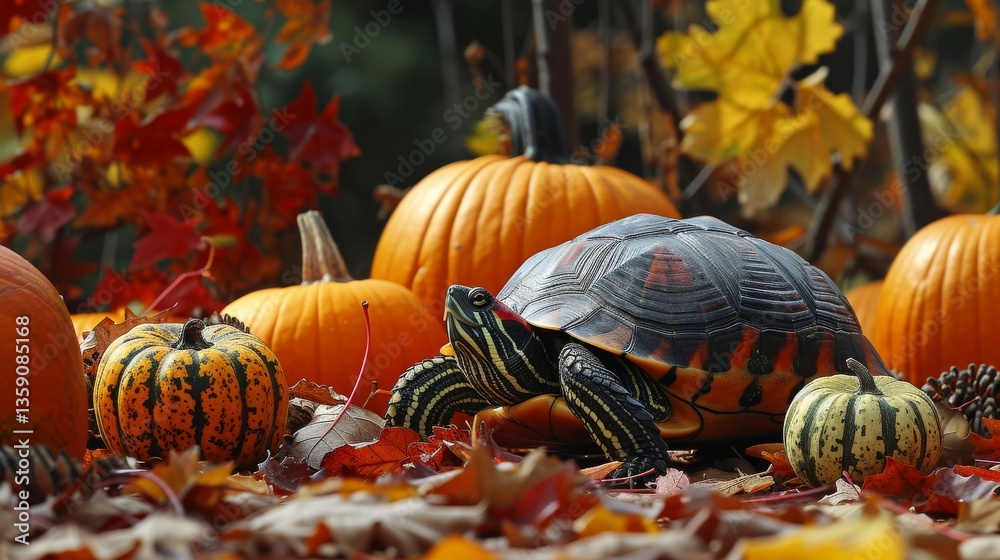 A turtle resting amid a collection of pumpkins on a bed of vibrant fallen leaves. The autumn scenery is full of rich colors, providing a warm and inviting environment that reflects the essence of fall