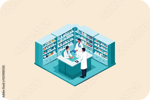 Isometric illustration of pharmacists working in a pharmacy, symbolizing healthcare, medicine, and pharmaceutical services in a modern design.