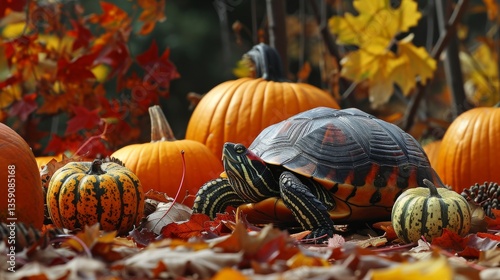Obraz na płótnie A turtle resting amid a collection of pumpkins on a bed of vibrant fallen leaves. The autumn scenery is full of rich colors, providing a warm and inviting environment that reflects the essence of fall w salonie