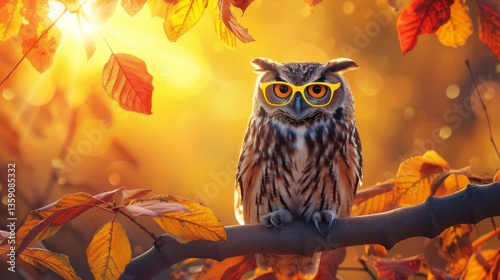 Obraz na płótnie An owl wearing quirky glasses perches on a branch surrounded by bright autumn leaves, against a golden, bokeh background. This whimsical scene is perfect for creative and nature-themed projects. w salonie
