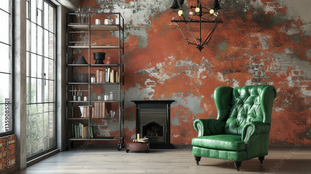 A rustic loft features a striking green armchair set against a distressed red brick wall, complemented by a metal bookshelf and a small fireplace. The mix of textures and colors creates a unique, cozy