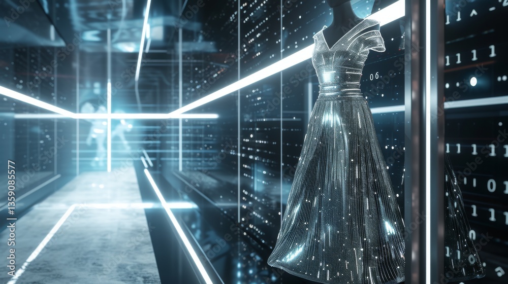 An exquisite holographic evening dress is displayed in a high-tech corridor, merging fashion with cutting-edge technology. The glowing patterns and sleek environment emphasize the futuristic theme.
