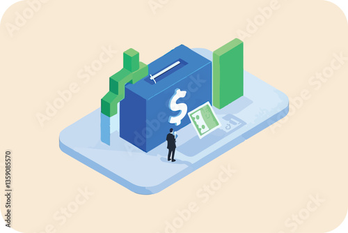 Isometric illustration of a money box with a dollar sign, representing finance, savings, and investment in a modern graphic style.