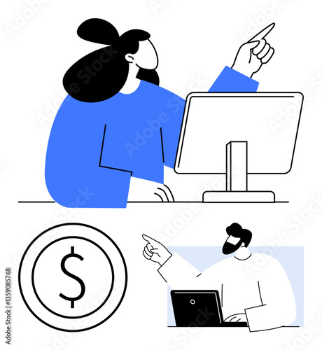 Woman at desktop computer and man pointing while holding laptop, complemented by dollar sign circle. Ideal for teamwork, finance, collaboration, planning, leadership, strategy consulting. Flat