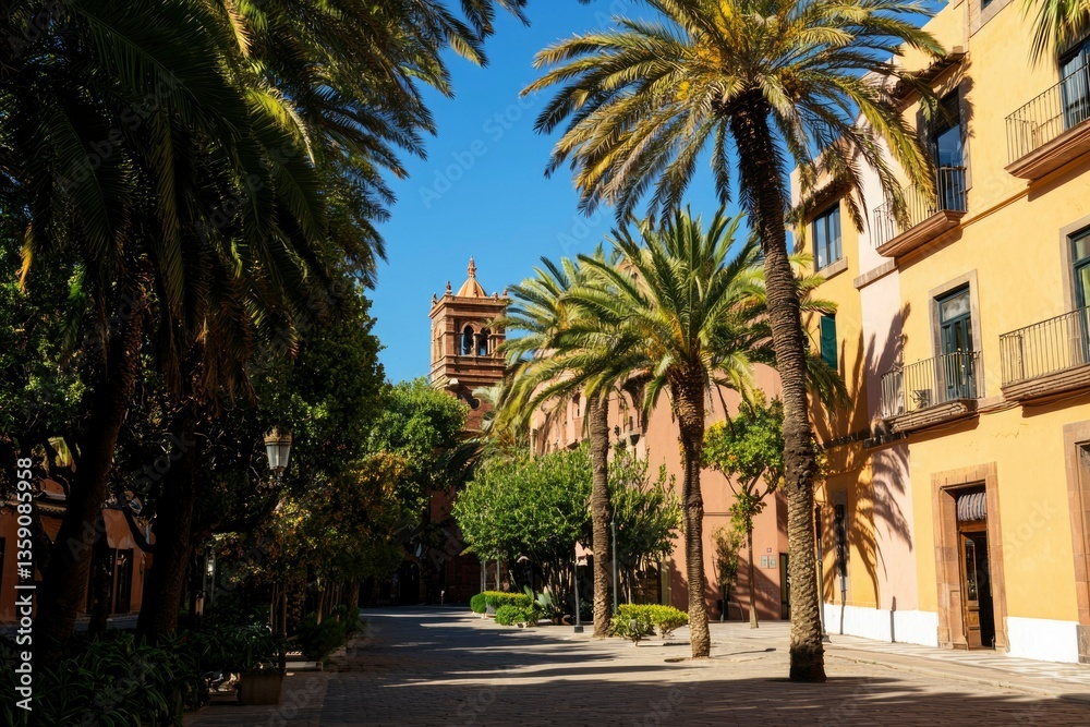 Fototapeta premium Peaceful street with palm trees leading to a tower under bright sky for tourism