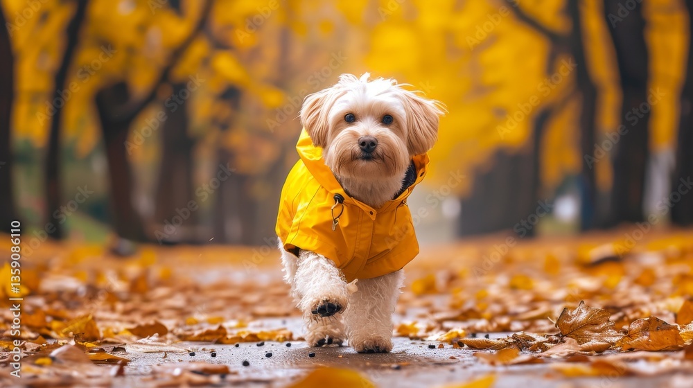 A dog in a bright yellow raincoat walks along a path covered in autumn leaves in a forest. The vibrant yellow coat contrasts with the rich, warm hues of the fallen leaves, creating a lively and