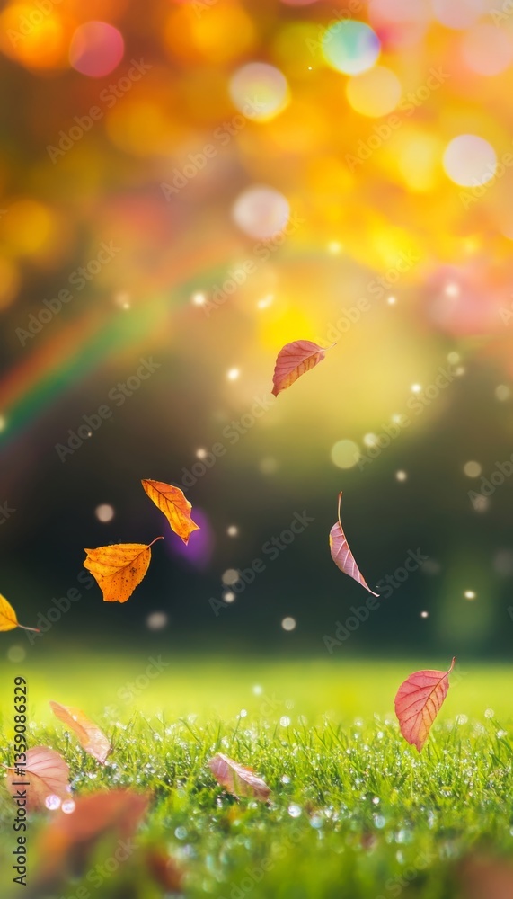 Fototapeta premium Leaves descending on lush grass amidst a vivid blurred background of rainbow and sunlight
