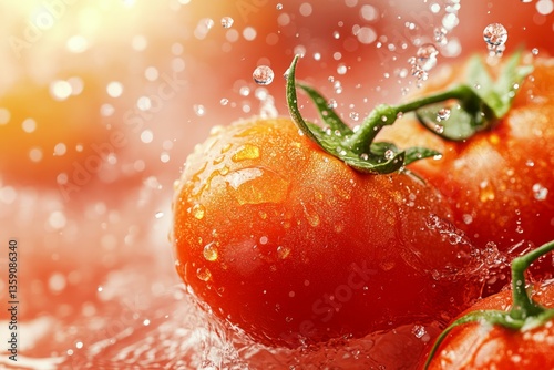Splashing tomatoes on pink background. Neural network AI generated
