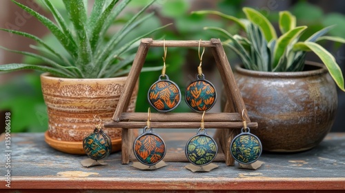 Colorful Handcrafted Jewelry Display with Plants and Wooden Stand