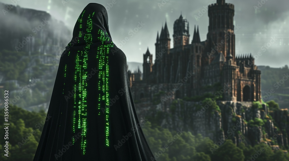 A hooded figure with a black cloak featuring green digital code stands before an elaborate medieval castle. The image juxtaposes the old-world architecture with modern digital elements, creating a