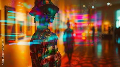 Obraz na płótnie A mannequin stands in an art gallery, bathed in colorful, neon lighting. The abstract light patterns create a futuristic and vibrant atmosphere, enhancing the artistic setting. w salonie